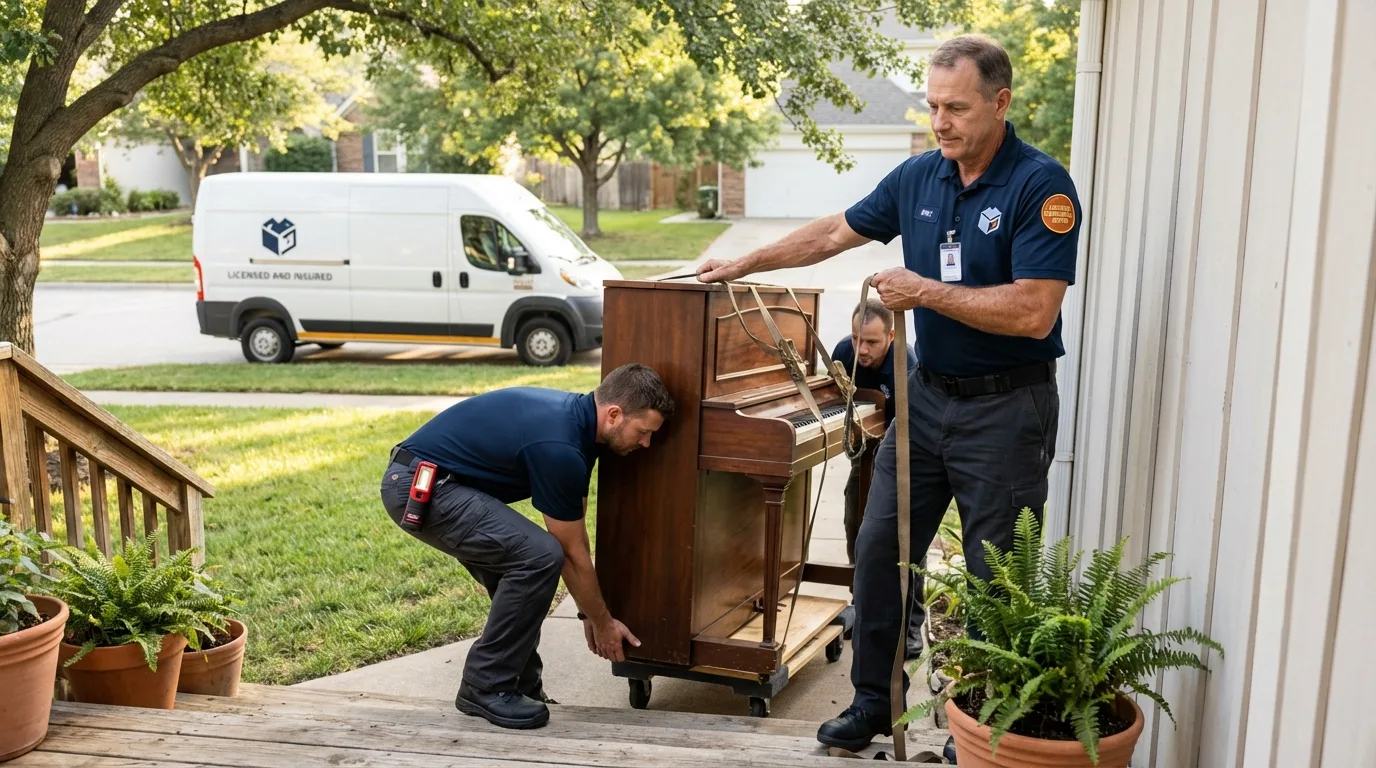 Licensed piano movers securing grand piano in Stacy, MN