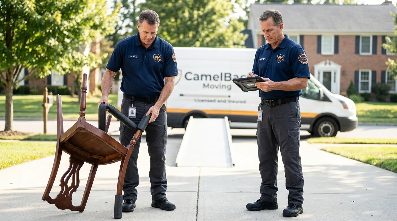 Movers inspecting furniture for damage prevention before loading in Stacy, MN